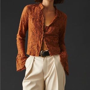 Anthropologie Copper Lace Buttondown Blouse
